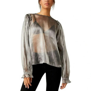 NWT Free People Freya Frost Top Metallic Silver Gray Sheer Long Sleeve Ribbon SP